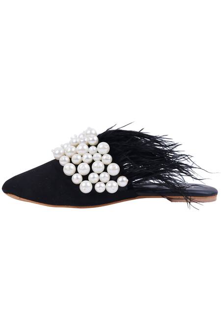 Adorn My Wish_Black Embellished Faux Feather Pearl Mules _Online_at_Aza_Fashions