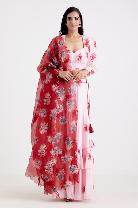 Buy_Label Earthen_Maroon Chanderi, Cotton Mal, Organza Silk Sweetheart Neck Printed Lehenga Set _Online_at_Aza_Fashions