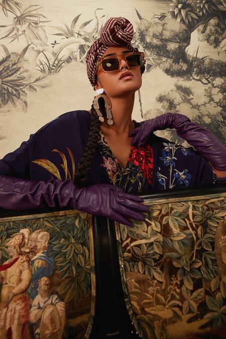 Kalista_Blue Crepe Beads V-neck Lauren Botanical Print Kaftan _Online_at_Aza_Fashions