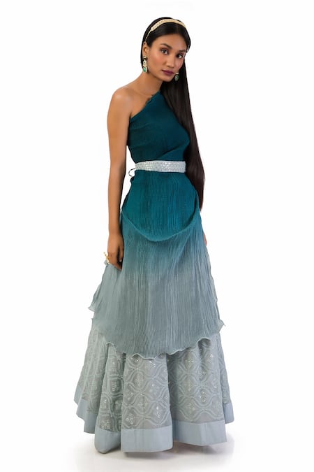 Meghna Shah_Grey Georgette, Chiffon Sequins, Embroidery Textured Pattern Top And Skirt Set_Online_at_Aza_Fashions