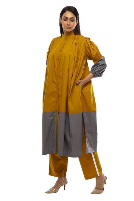 Khat_Yellow Poplin, Cotton Mandarin Collar Color Block Dress And Pant Co-ord Set _Online_at_Aza_Fashions
