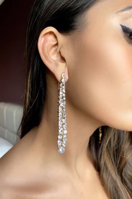 The Jewel Factor Gold Plated Stones, Crystals Embellished Long Earrings Online at Aza Fashions The Jewel Factor_Gold Plated Stones, Crystals Embellished Long Earrings_Online_at_Aza_Fashions