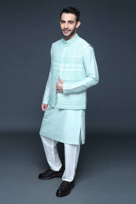 Buy_Sanjev Marwaaha_Green Cotton, Silk Sequins, Beads Block Print Embroidered Bundi Kurta Set_Online_at_Aza_Fashions