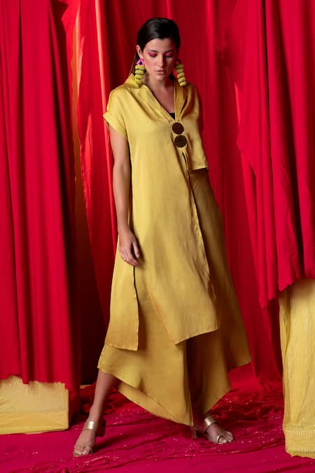 Enech_Yellow Muslin Metallic Thread Collared Asymmetric Tunic And Palazzo Set _Online_at_Aza_Fashions