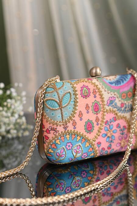 Miar Designs_Yellow Floral Print Saanvi Box Clutch_Online_at_Aza_Fashions