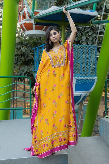 Irrau By Samir Mantri_Yellow Crepe, Denim Tassels V-neck Flower Print Kaftan _Online_at_Aza_Fashions