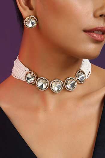 Swabhimann_White Pearls, Diamonds Polki And Embellished Choker Set _Online_at_Aza_Fashions