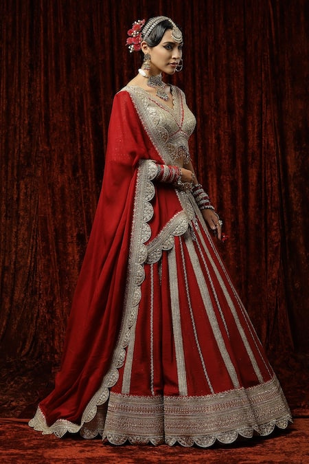 Shikhar Sharma Red Silk, Chanderi, Crepe, Chiffon Surkh Anardana Gota Bridal Lehenga Set Online at Aza Fashions Shikhar Sharma_Red Silk, Chanderi, Crepe, Chiffon Surkh Anardana Gota Bridal Lehenga Set _Online_at_Aza_Fashions