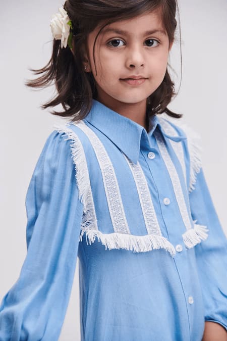 Littlecheer_Blue Cotton, Rayon Lace, Fringe Marshmallow Shirt Dress _Online_at_Aza_Fashions