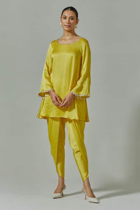 House Of TA-YA Yellow Modal, Satin, Net Cut Work, Beads, Zari, Embroidery, Kurta Dhoti Pant Set Online at Aza Fashions House Of TA-YA_Yellow Modal, Satin, Net Cut Work, Beads, Zari, Embroidery, Kurta Dhoti Pant Set _Online_at_Aza_Fashions
