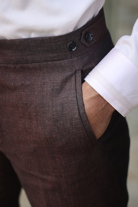 Raw & Rustic By Niti Bothra_Brown Linen Solid Handcrafted Straight Pant _Online_at_Aza_Fashions