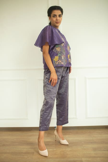 Oja_Purple Pant  , Shirt  Linen Embroidered And Set _Online_at_Aza_Fashions