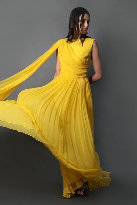 Swatee Singh Yellow Georgette Round Neck Bias Pleated Gown Online at Aza Fashions Swatee Singh_Yellow Georgette Round Neck Bias Pleated Gown _Online_at_Aza_Fashions