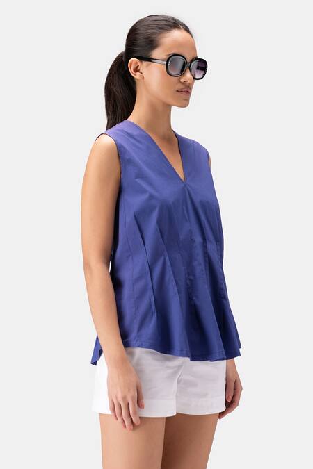 Genes Lecoanet Hemant_Blue Cotton Poplin Plain V Neck Sleeveless Pintuck Top_Online_at_Aza_Fashions