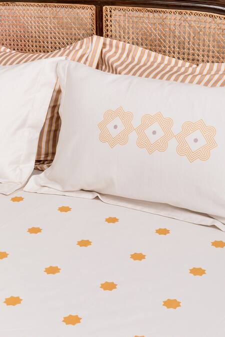 Kyoona_Yellow 100% Cotton Printed The Iktara Bedsheet Set_Online_at_Aza_Fashions