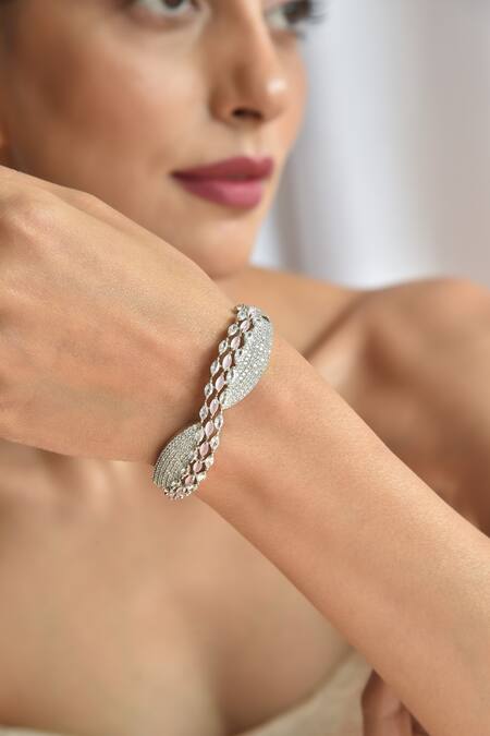 Gwacy_Pink Rose Quartz Zirconia Embellished Twisted Bracelet_Online_at_Aza_Fashions