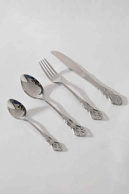 Table Manners_Silver Stainless Steel Engraved Cutlery Set_Online_at_Aza_Fashions