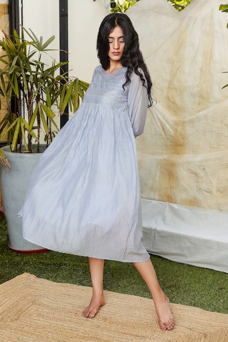 Tatwa_Blue Handloom Cotton, Viscose Embroidery Round Neck Chanderi Resham Dress _Online_at_Aza_Fashions