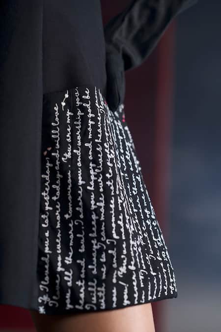 Pocketful Of Cherrie_Black Polyester Embroidery Sweetheart Neck Placement Typographic Dress_Online_at_Aza_Fashions