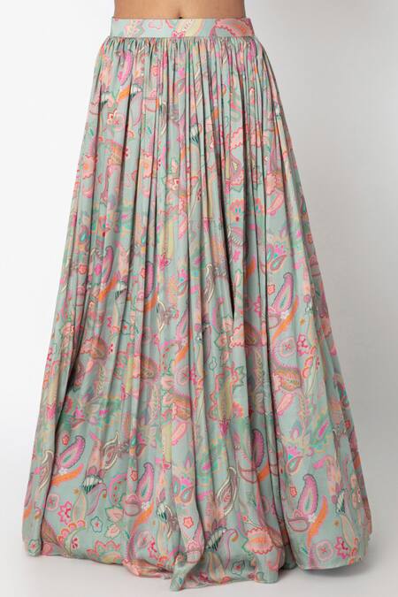 Archana Shah Green Bemberg Satin, Blended Silk Printed Lehenga Set Online at Aza Fashions Archana Shah_Green Bemberg Satin, Blended Silk Printed Lehenga Set _Online_at_Aza_Fashions