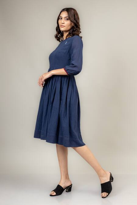 Doodlage Blue Cotton Embroidery Round Neck Luna Gathered Dress Online at Aza Fashions Doodlage_Blue Cotton Embroidery Round Neck Luna Gathered Dress _Online_at_Aza_Fashions