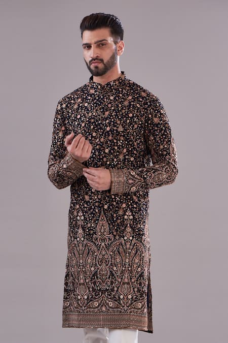 Kasbah_Black Georgette, Cotton Intricate Floral Vine Thread Embroidered Kurta Set _Online_at_Aza_Fashions