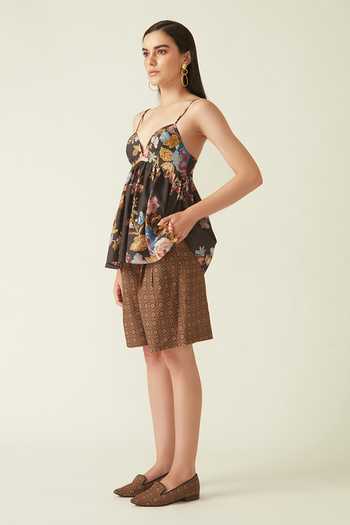 Payal Pratap_Brown Silk Embroidery Sweetheart Neck Semeru Printed Peplum Top _Online_at_Aza_Fashions