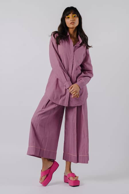 Tussah By Siddhi Shah Purple Cotton Collared Solid Shirt And Pant Set Online at Aza Fashions Tussah By Siddhi Shah_Purple Cotton Collared Solid Shirt And Pant Set _Online_at_Aza_Fashions