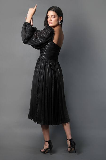 Swatee Singh_Black Satin Square Neck Stripe Pattern Balloon Sleeve Dress _Online_at_Aza_Fashions