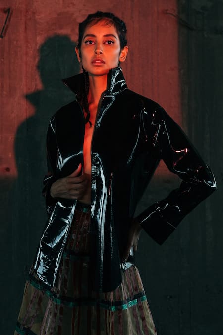 Akhl Black Leather, Viscose Collared Structured Patented Shirt Online at Aza Fashions Akhl_Black Leather, Viscose Collared Structured Patented Shirt _Online_at_Aza_Fashions