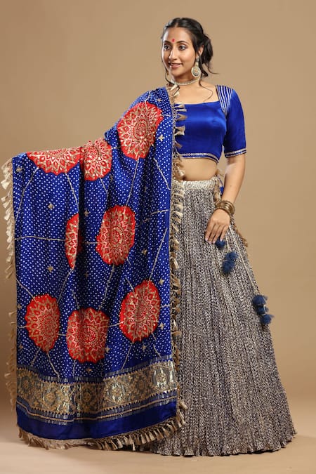Etasha By Asha Jain_Blue Gabardine, Gingham Tassels, Embroidery Square Textured Flared Lehenga Set _Online_at_Aza_Fashions