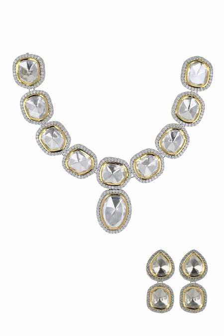 Ishhaara Silver Plated Stones Kundan Embellished Necklace Set Online at Aza Fashions Ishhaara_Silver Plated Stones Kundan Embellished Necklace Set _Online_at_Aza_Fashions