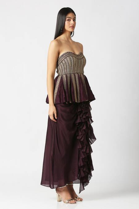 Labbada_Purple Chanderi Hand Embroidered Marodi Sweetheart Peplum Top And Frill Skirt Set_Online_at_Aza_Fashions