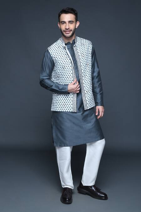 Buy_Sanjev Marwaaha_Gray Cotton Silk Hand Block Print Triangle Embellished Bundi Kurta Set _Online_at_Aza_Fashions