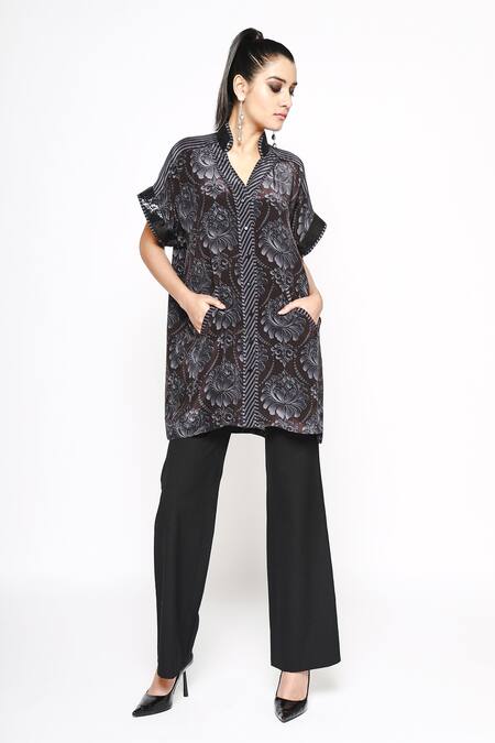Anmol Kakad_Black Crepe Silk Strobe Damask Floral Pattern Shirt_Online_at_Aza_Fashions