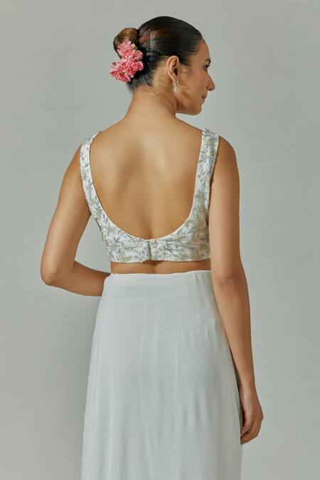 House Of TA-YA_Ivory Georgette Beads, Cut Work, Handcrafted And Pre-stitched Saree With Blouse _Online_at_Aza_Fashions