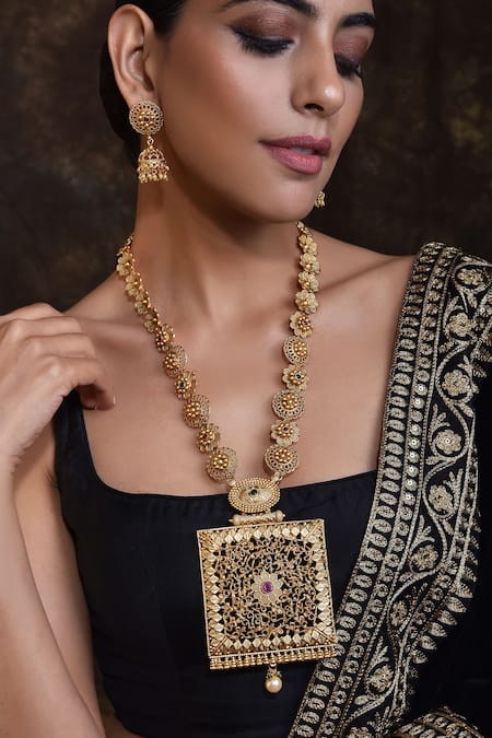 Shop Swabhimann Gold Plated Pearls Temple Necklace Set Online at Aza Fashions Shop_Swabhimann_Gold Plated Pearls Temple Necklace Set _Online_at_Aza_Fashions