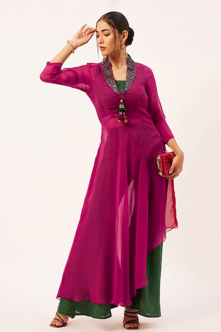Zariya The Label_Pink Muslin Round Neck Asymmetric Sheer Cape Flared Pant Set _Online_at_Aza_Fashions