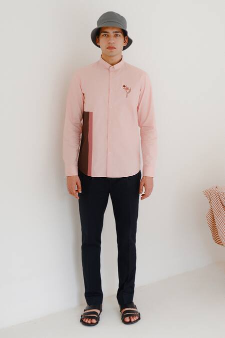 Lacquer Embassy Pink Cotton Embroidery Floral Motif Button Down Shirt Online at Aza Fashions Lacquer Embassy_Pink Cotton Embroidery Floral Motif Button Down Shirt _Online_at_Aza_Fashions