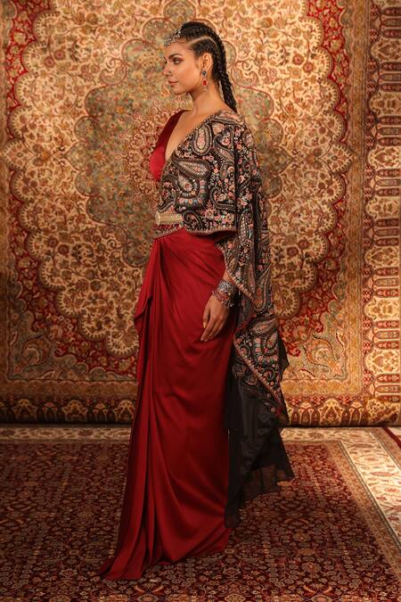 Aditi Gupta_Red Satin, Lycra, Silk Embroidery V-neck Pre-draped Saree With Blouse _Online_at_Aza_Fashions