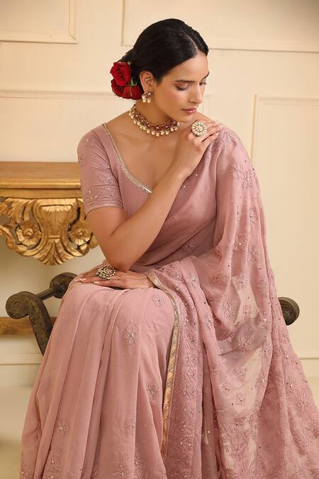 Esha Koul_Brown Georgette, Crepe Embroidery, Sequins Boat Chikankari Saree With Blouse_Online_at_Aza_Fashions