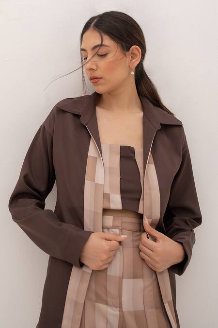 Kritika Madan Label Brown Papaya Twill Printed Checkered Shirt Spread Collar Placket Pant Set Online at Aza Fashions Kritika Madan Label_Brown Papaya Twill Printed Checkered Shirt Spread Collar Placket Pant Set_Online_at_Aza_Fashions