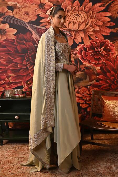 Moledro Green Brocade Diamonds, Embroidery, Ezra Yoke Anarkali With Printed Dupatta Online at Aza Fashions Moledro_Green Brocade Diamonds, Embroidery, Ezra Yoke Anarkali With Printed Dupatta _Online_at_Aza_Fashions