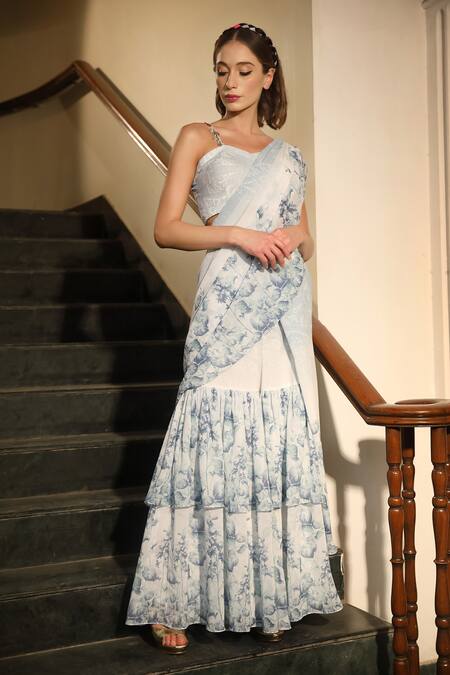 Tarini Vij_Blue Georgette Floral Sweetheart Neck Printed Sharara Layered Saree With Blouse _Online_at_Aza_Fashions