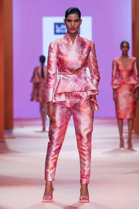 Pankaj & Nidhi_Orange Satin Twill Floral And Striped Pattern Overlap Neck Syrus Peplum Jacket_Online_at_Aza_Fashions