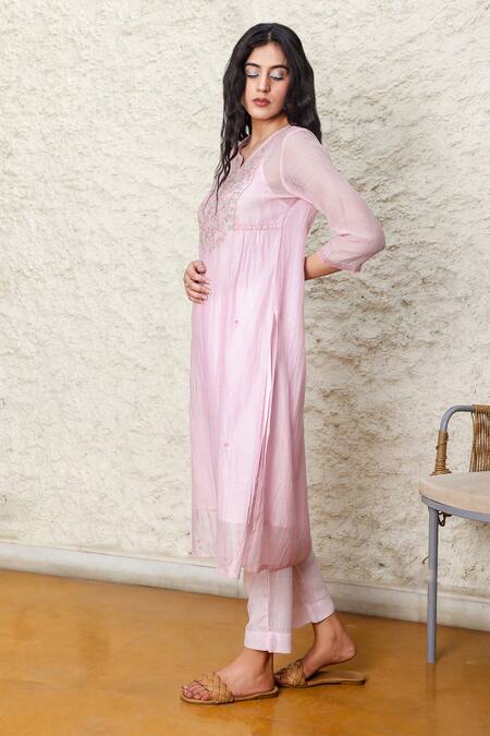 Tatwa_Pink Handloom Cotton, Viscose, Silk Embroidery Round Yoke Hand Kurta And Pant Set _Online_at_Aza_Fashions