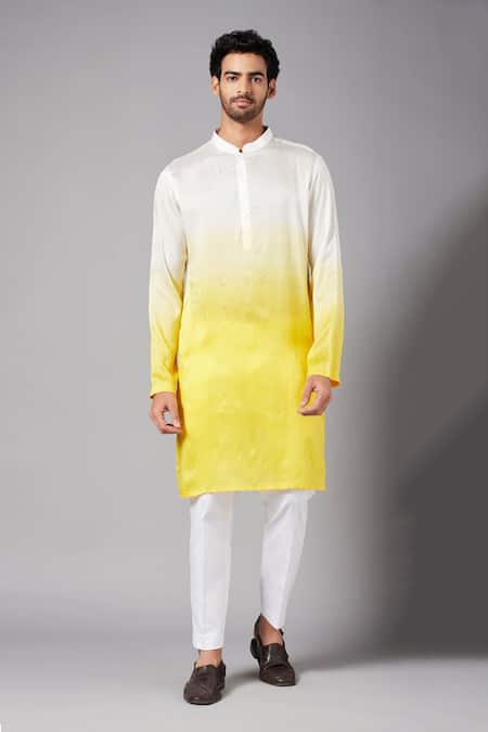 Hilo Design_White Cotton, Lycra Whill Ombre Kurta Set _Online_at_Aza_Fashions