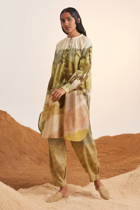 Cord_Beige Cotton Collared Dale Print Tunic And Pant Set_Online_at_Aza_Fashions
