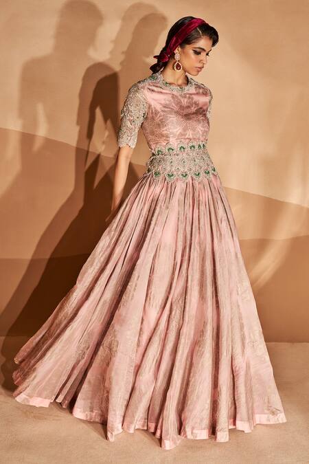 Bhumika Sharma_Pink Organza Embroidery, Pearls, Beads Round Neck Tara Print Anarkali With Belt _Online_at_Aza_Fashions