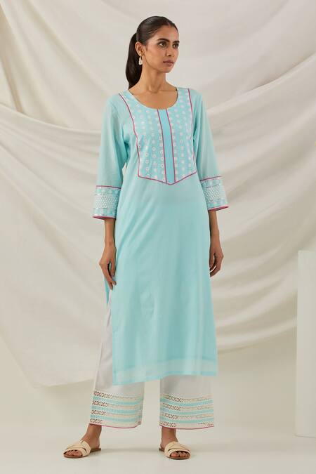 The Indian Cause_Blue Cotton Embroidery, Piping, Straight Kurta Set With Insert Contrast Dupatta_Online_at_Aza_Fashions